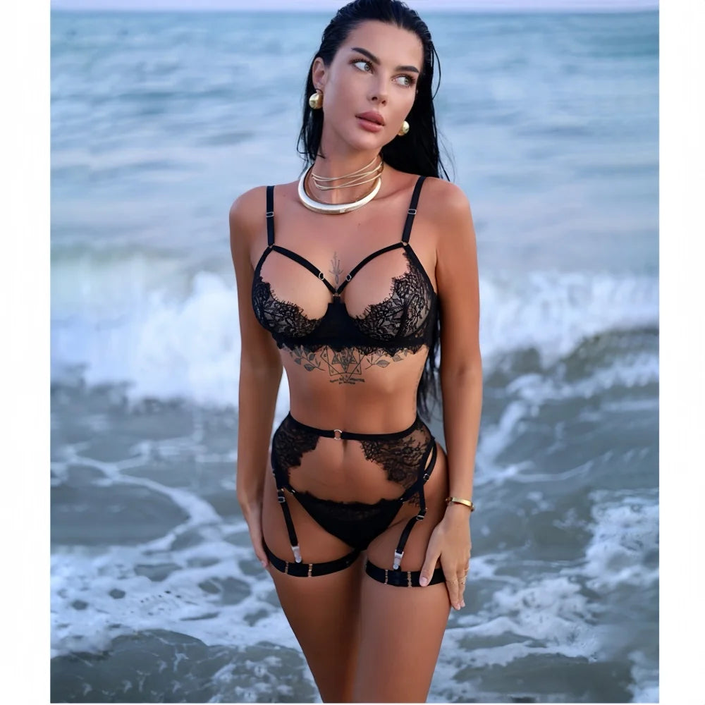 Lace Lingerie 4-Piece Set with Garter & Skirt