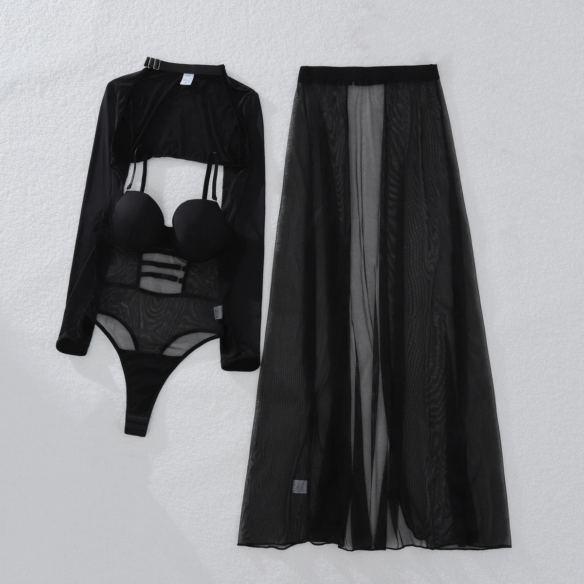 Black Mesh Bodysuit & Long Skirt Set