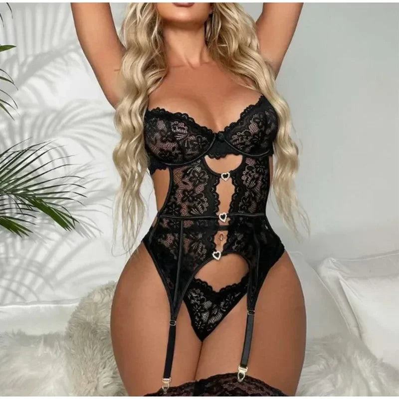 Sheer Lace Lingerie Set with Garter Belt