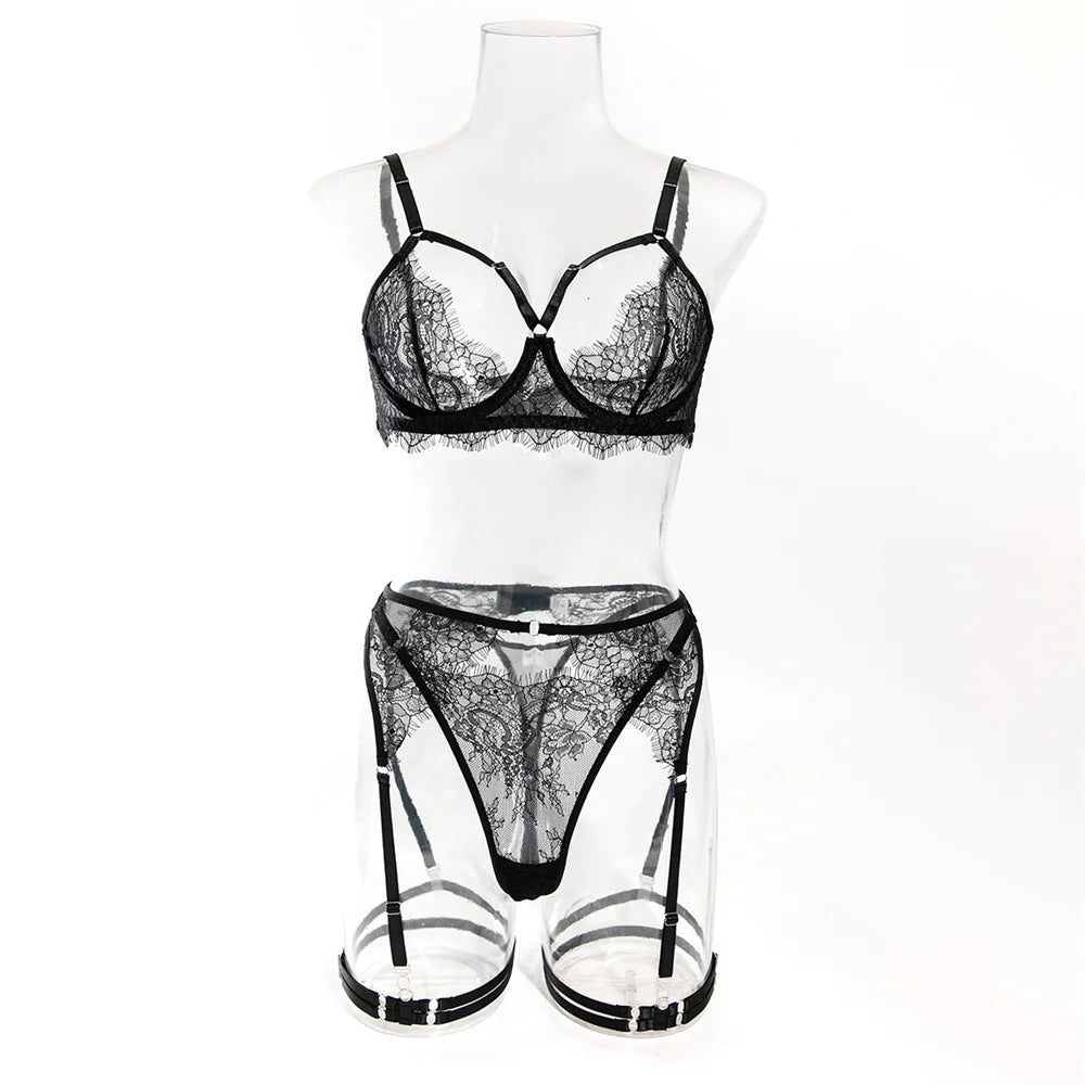 Lace Lingerie 4-Piece Set with Garter & Skirt