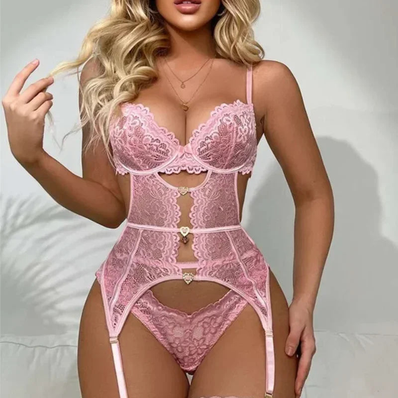 Sheer Lace Lingerie Set with Garter Belt