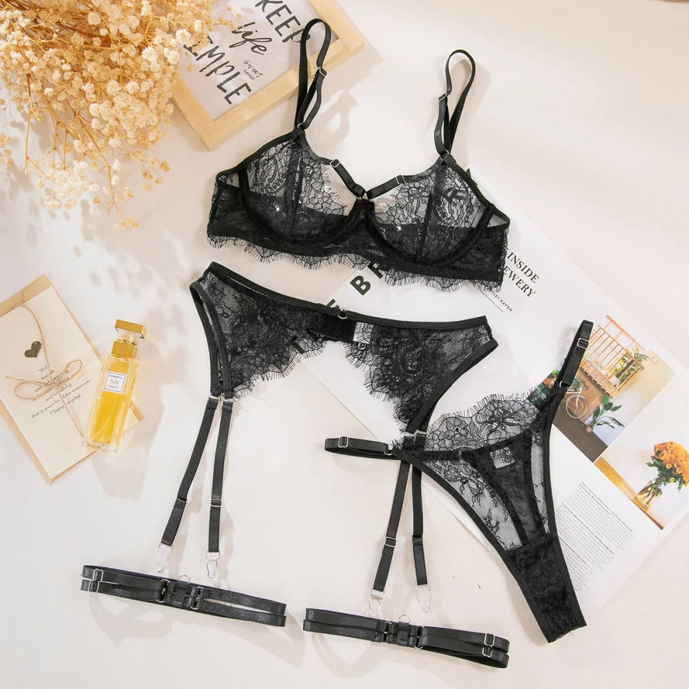 Lace Lingerie 4-Piece Set with Garter & Skirt