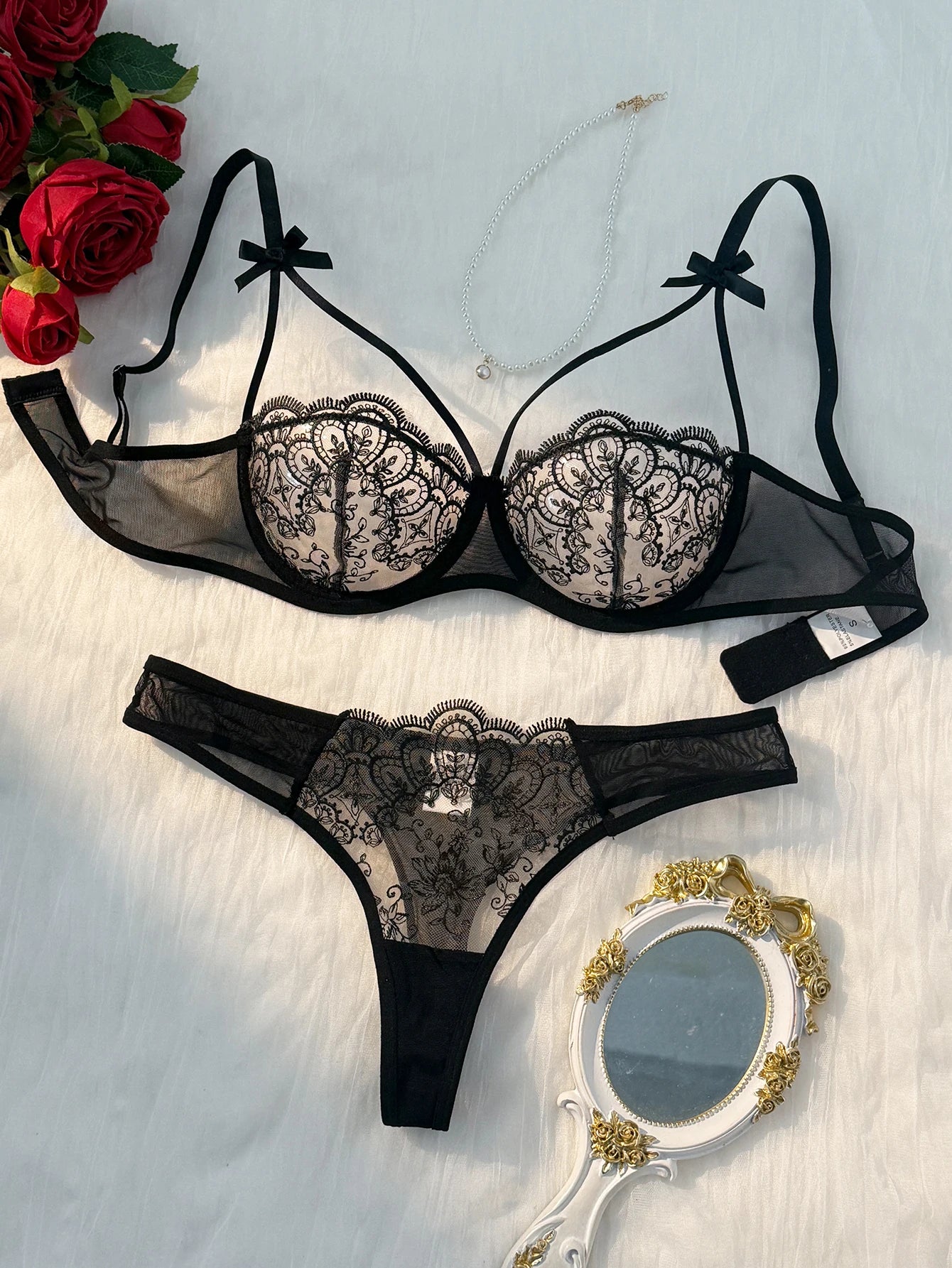 Black Lace Bow 2- Piece Lingerie Set