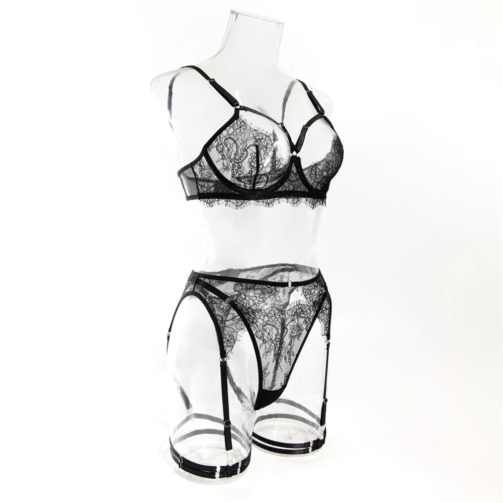 Lace Lingerie 4-Piece Set with Garter & Skirt