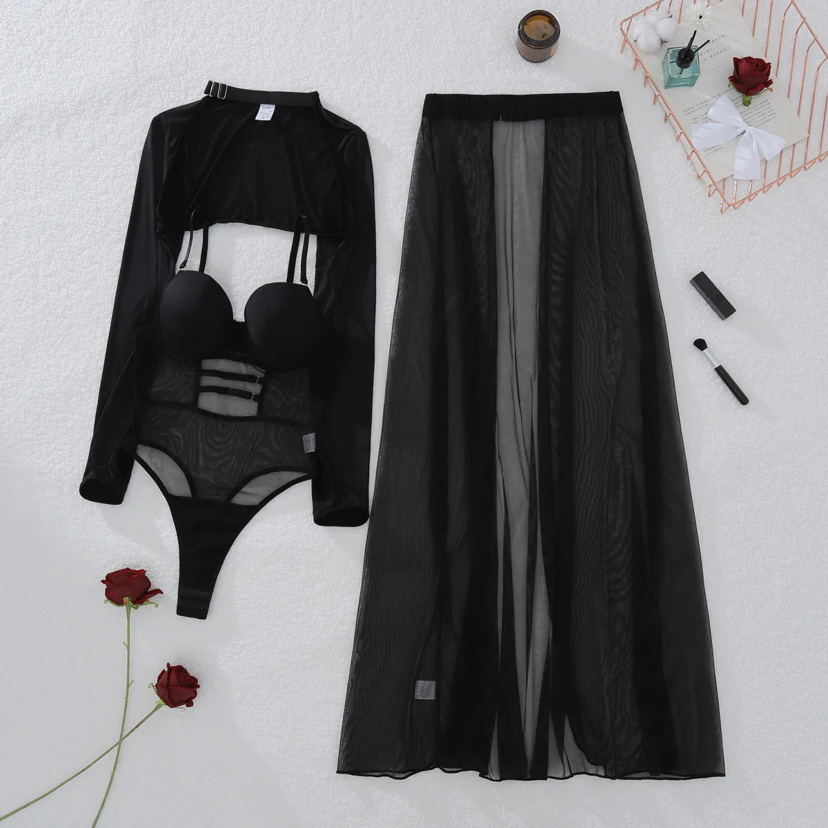 Black Mesh Bodysuit & Long Skirt Set