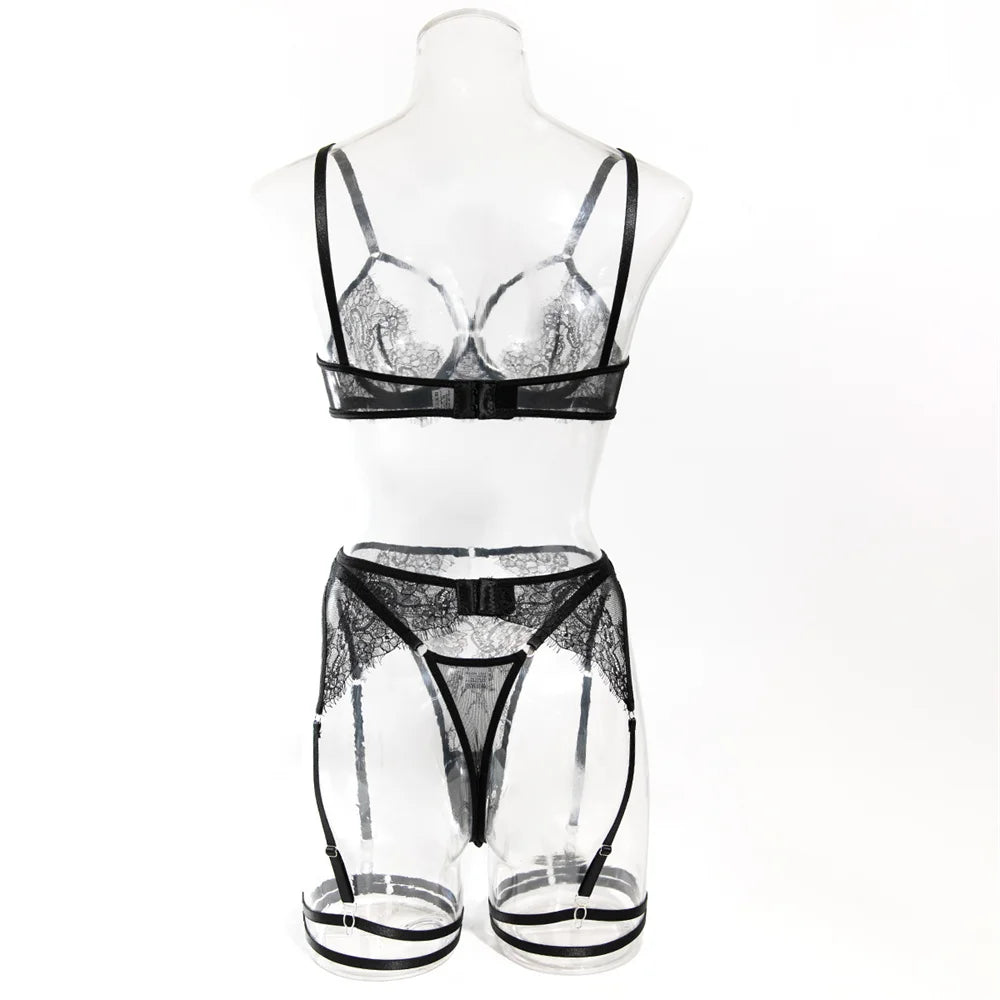 Lace Lingerie 4-Piece Set with Garter & Skirt
